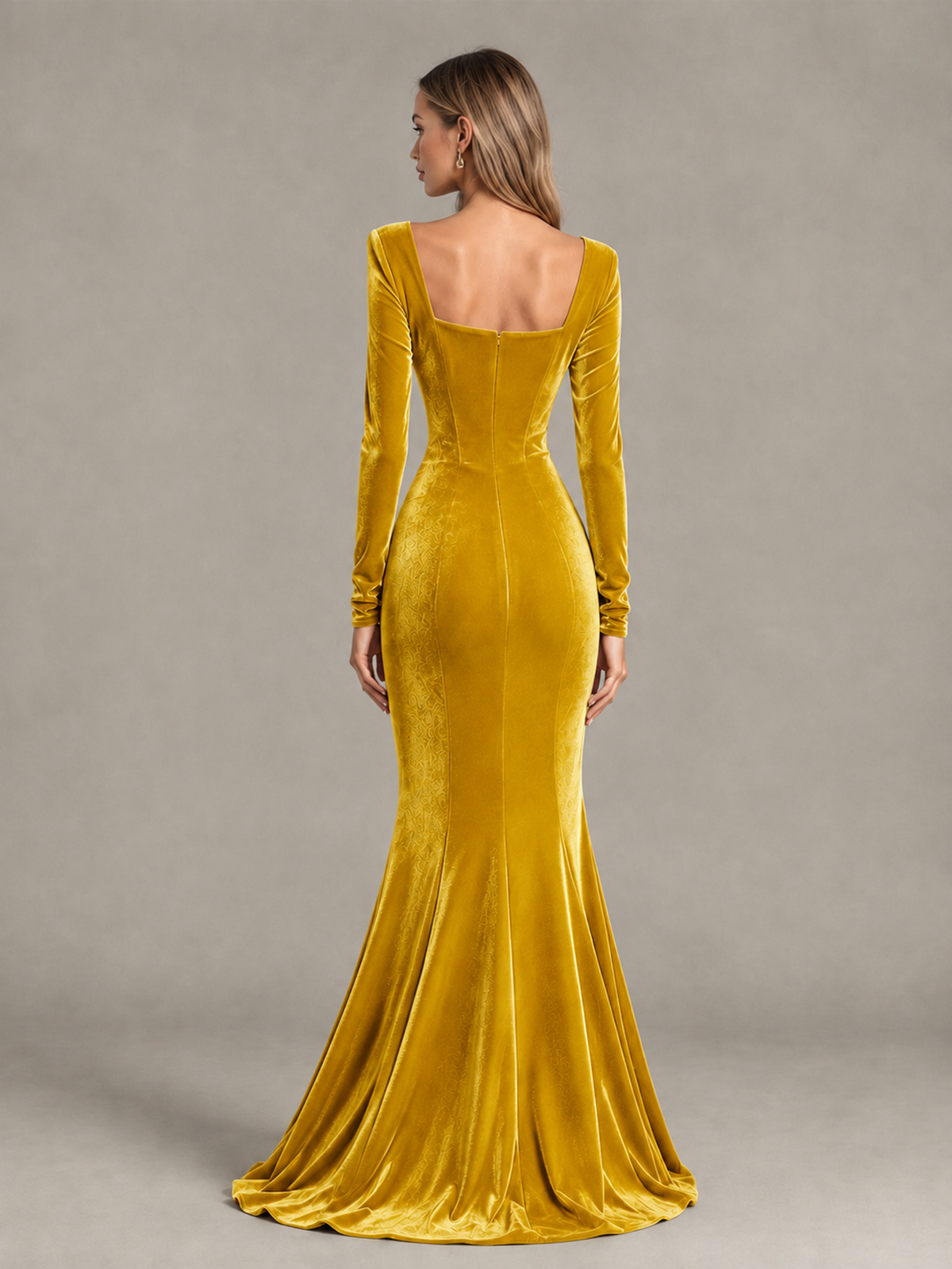 BOLODOO Gold Velvet-Look Square Neck Long Sleeve Mermaid Evening Dress - Gold - Gold_2