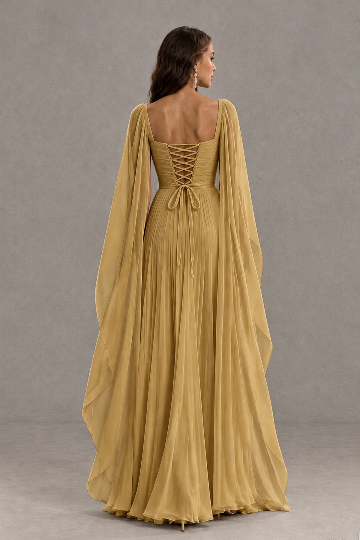 BOLODOO Gold Square Neck Cape Sleeve A-Line Evening Dress - Gold - Gold_2