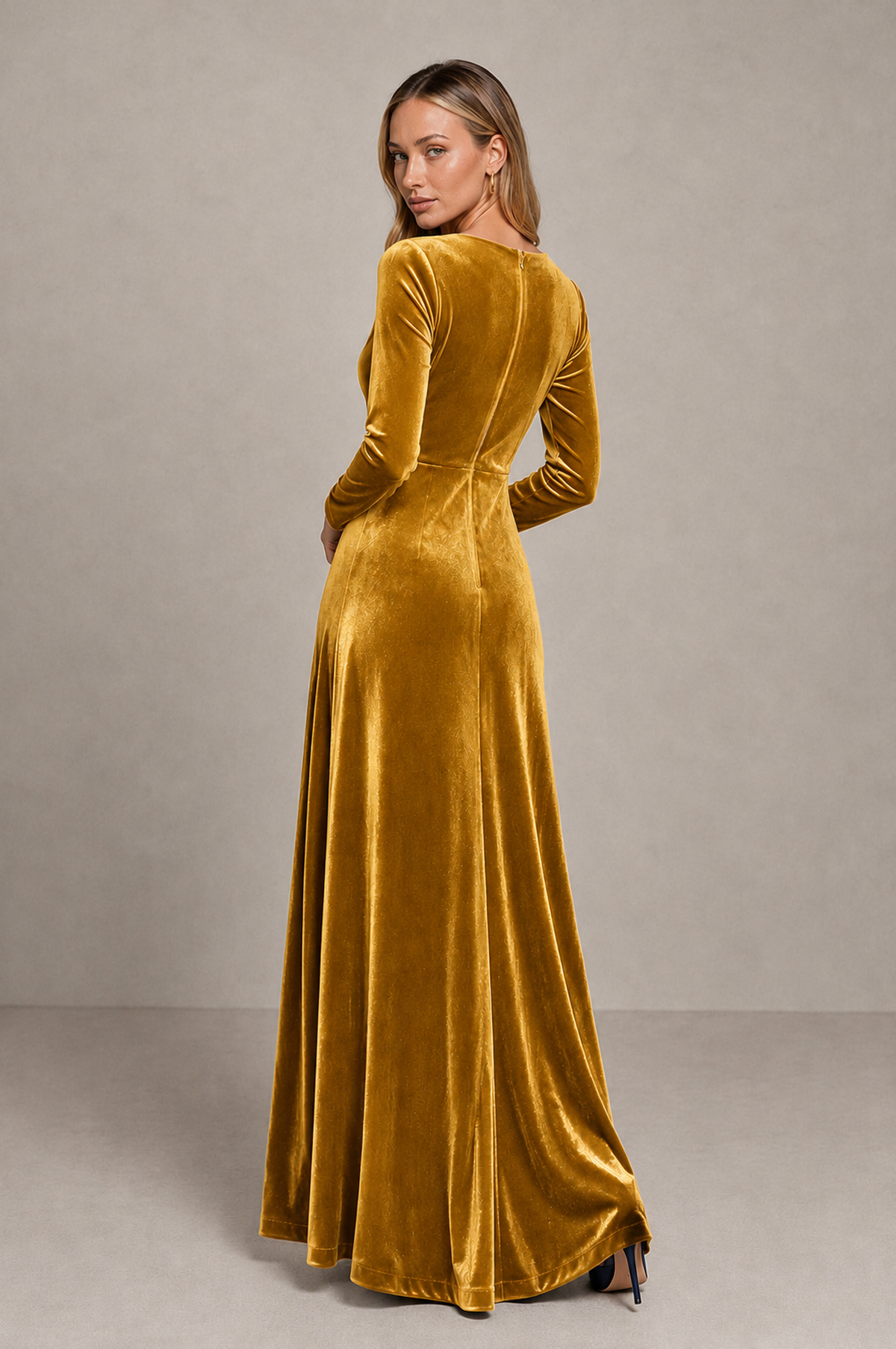 BOLODOO Gold Velvet Long Sleeve V-Neck Ruched Evening Dress - Gold - Gold_2