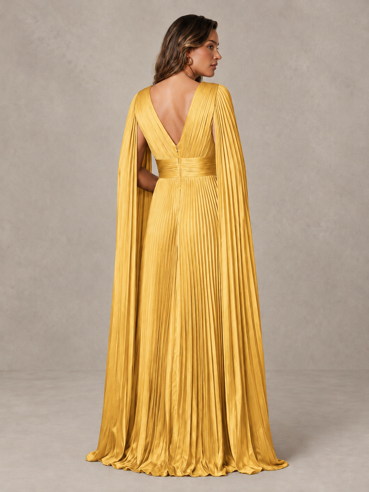 BOLODOO Gold Deep V-Neck Pleated Cape Sleeve Evening Gown - Gold - Gold_2