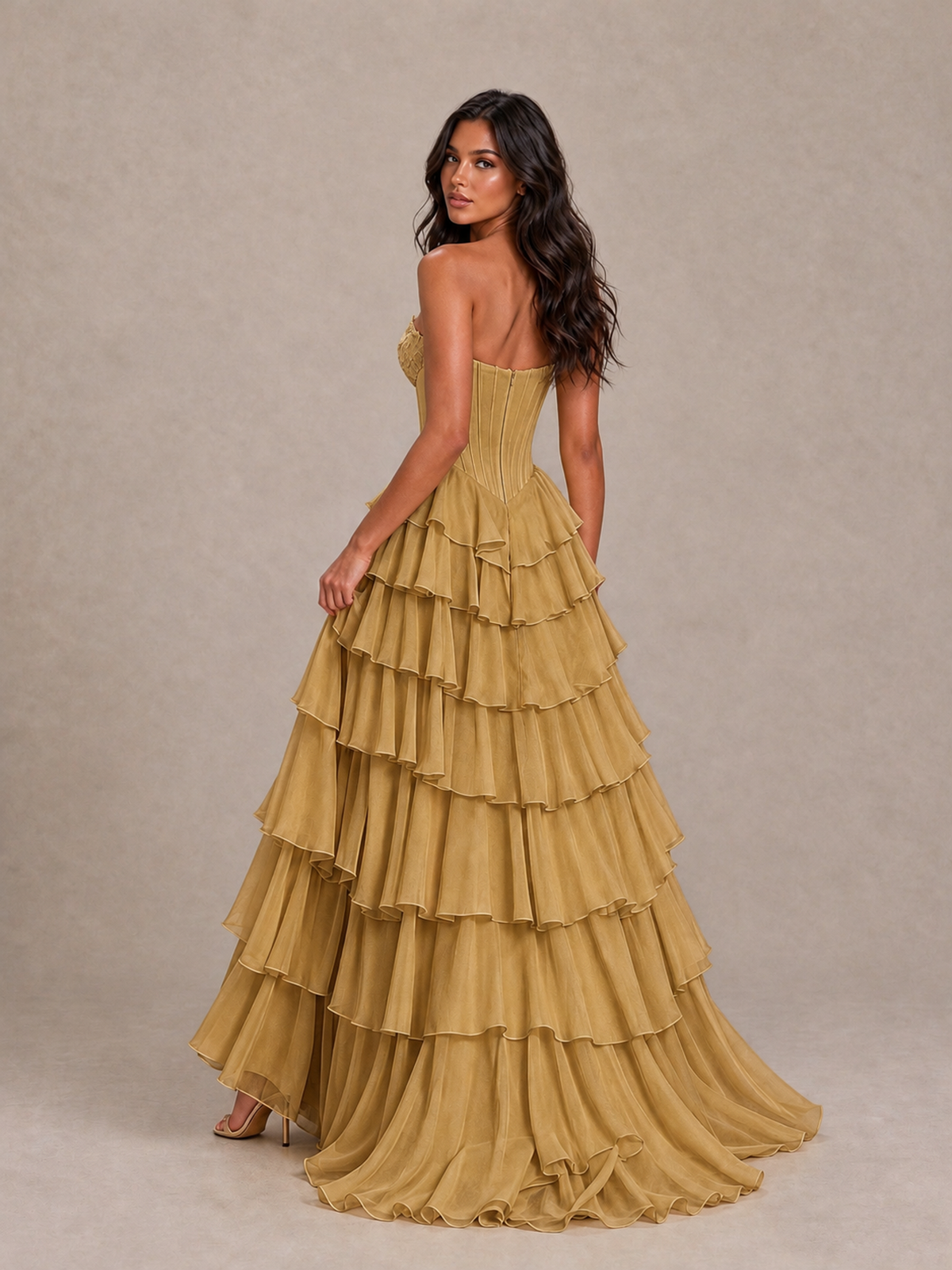 BOLODOO Gold Strapless Corset Tiered Ruffle Prom Dress with High Slit - Gold - Gold_2