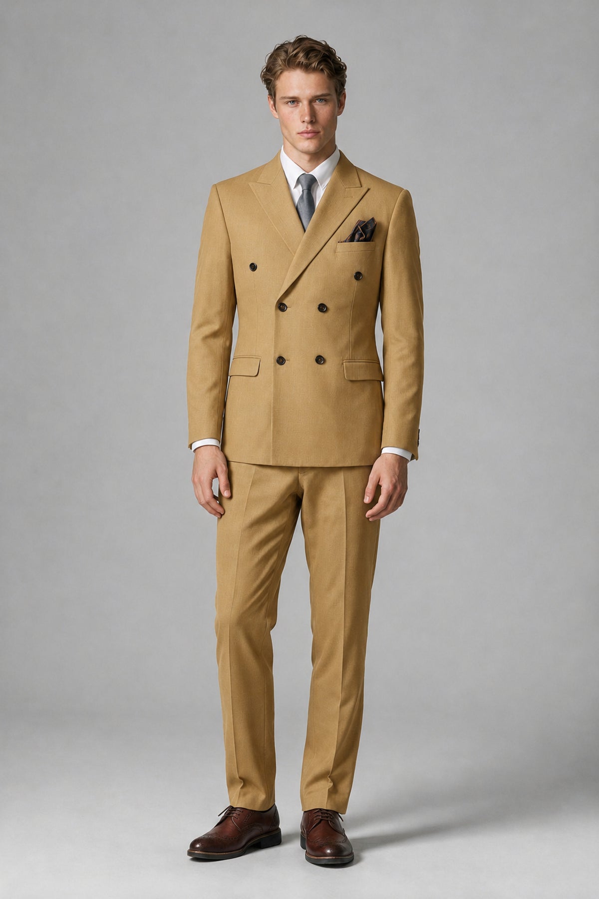 Bolodoo Men's Gold Double-Breasted Two-Piece Suit with Peak Lapels - Gold - Gold_2