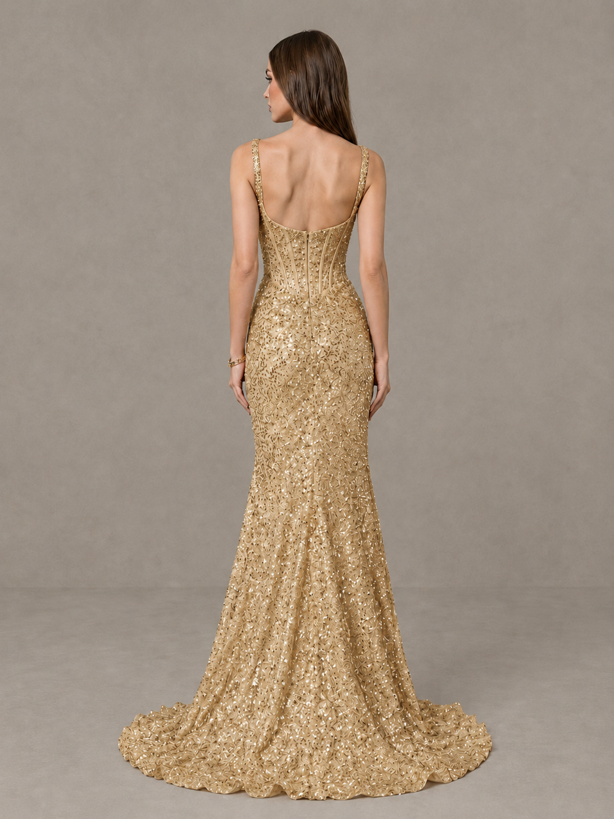 BOLODOO Gold Sequin Corset Evening Gown with High Slit - Gold - Gold_2