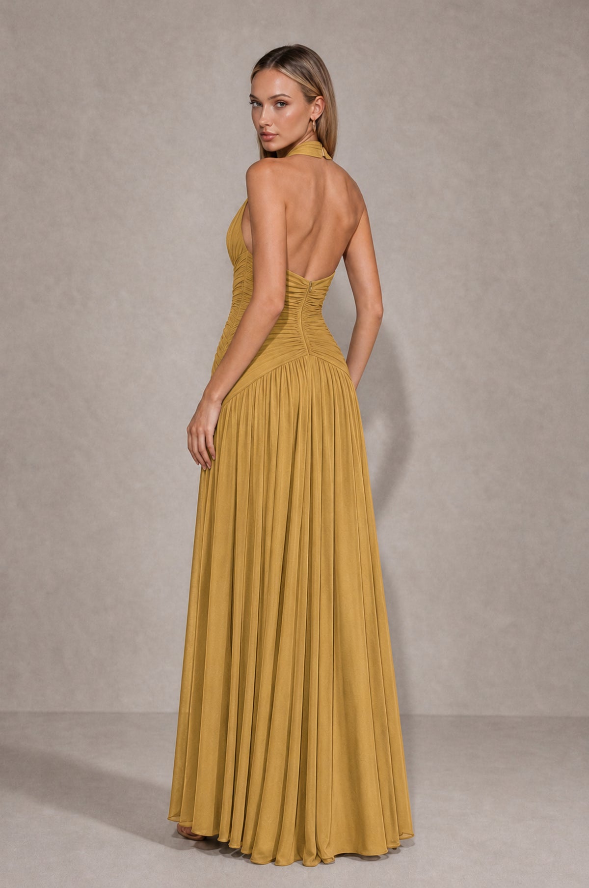 BOLODOO Gold Chiffon Halter Deep V-Neck Ruched A-Line Backless Maxi Dress with Train-BD0167 - Gold - Gold_2