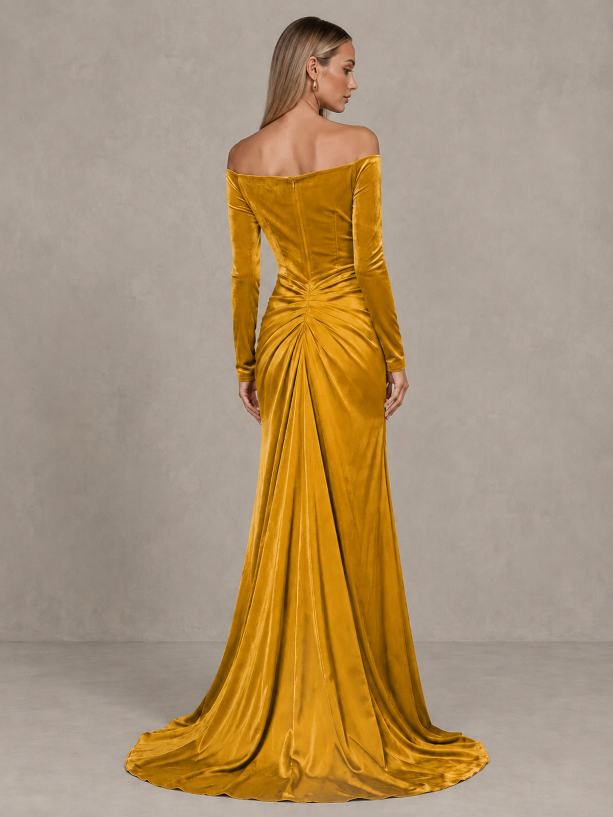 BOLODOO Gold Off-Shoulder Velvet Evening Gown with High Slit - Gold - Gold_2