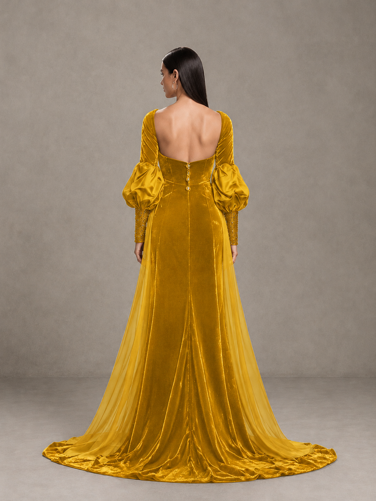 BOLODOO Gold Velvet Long Sleeve Open-Back Evening Gown - Gold - Gold_2