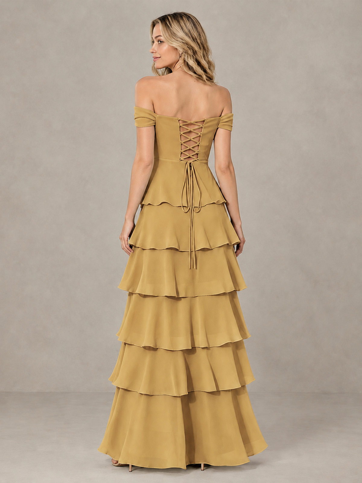 BOLODOO Gold Off-Shoulder Tiered Ruffle Bridesmaid Dress with Lace-Up Back - Gold - Gold_2