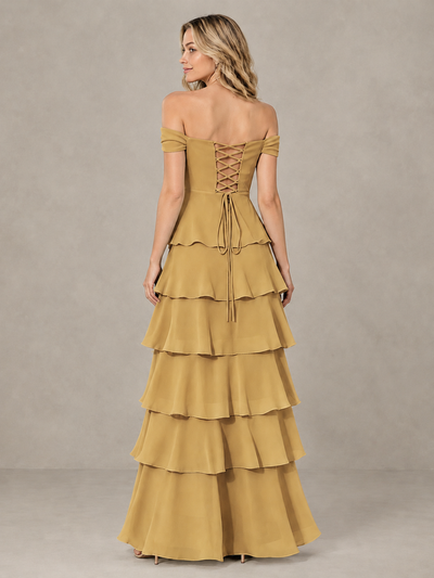 BOLODOO Gold Off-Shoulder Tiered Ruffle Bridesmaid Dress with Lace-Up Back - Gold - Gold_2