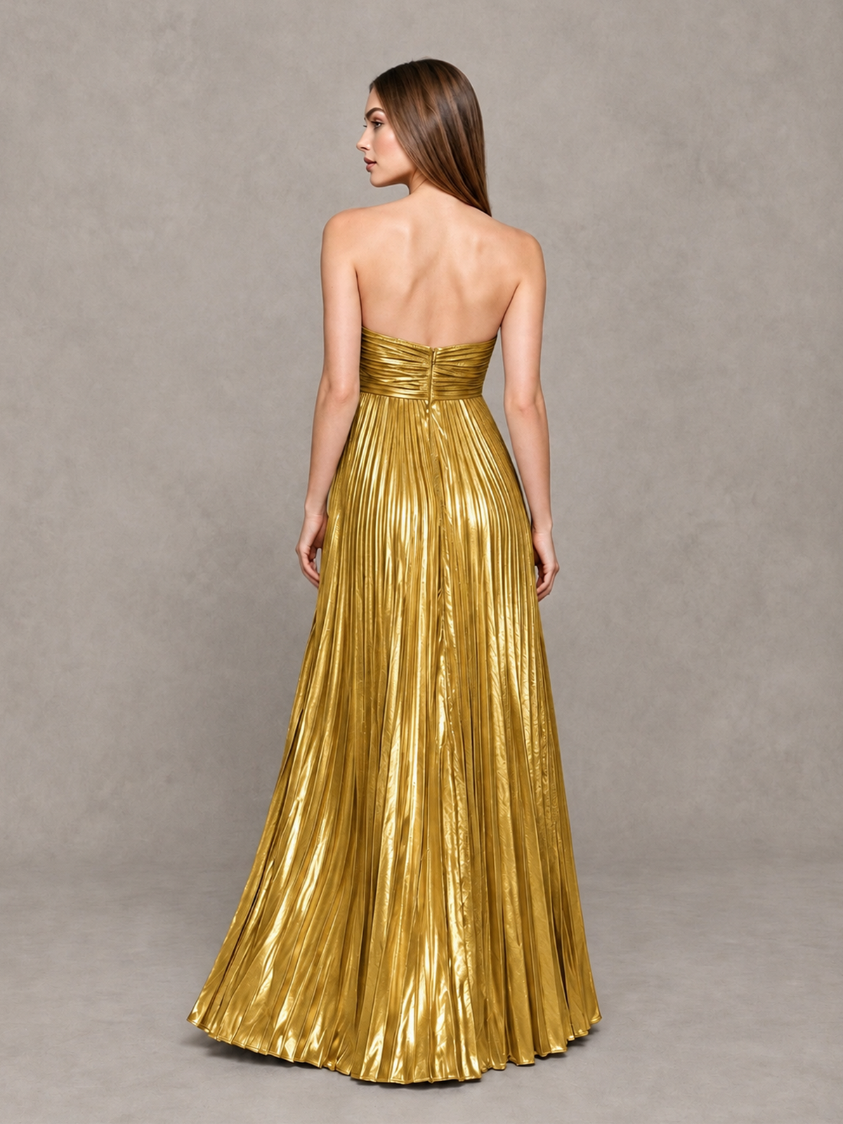 BOLODOO Gold Strapless Sweetheart Metallic Pleated Maxi Dress - Gold - Gold_2
