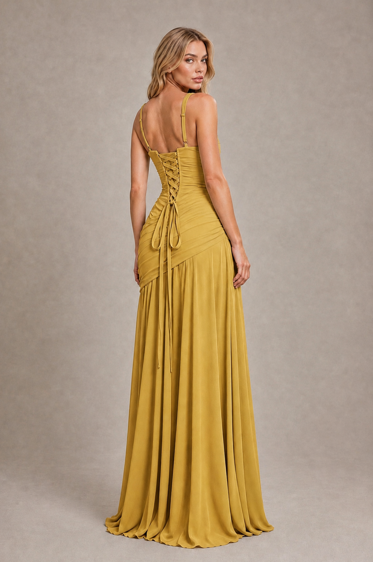 BOLODOO Gold Spaghetti Strap Ruched Maxi Dress – Formal Evening Gown with Slit - Gold - Gold_2