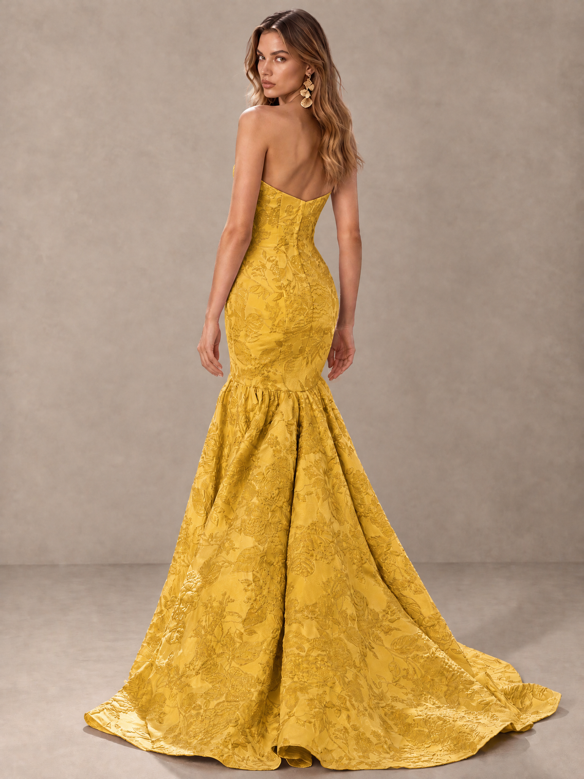 BOLODOO Gold Floral Strapless Mermaid Prom Dress with Train - Gold - Gold_2