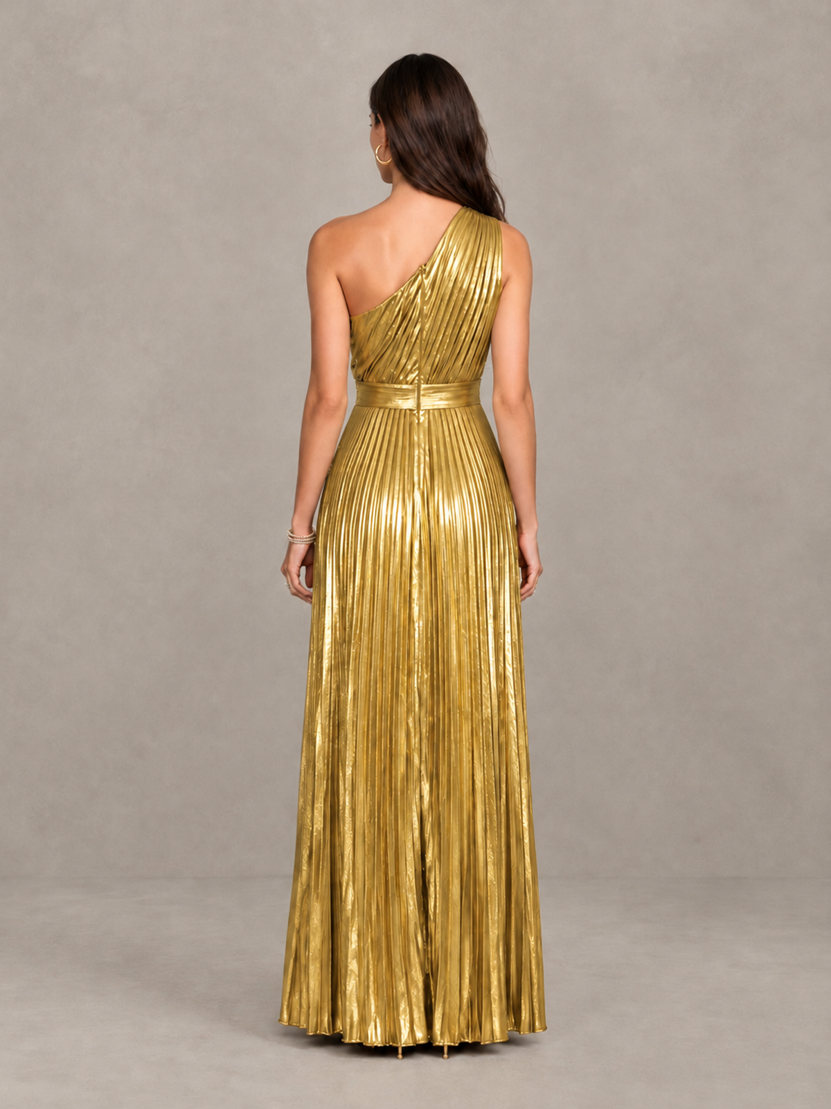 BOLODOO Gold One-Shoulder Metallic Pleated Wide-Leg Jumpsuit - Gold - Gold_2