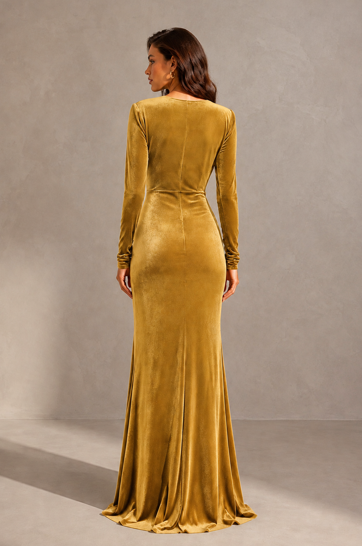 BOLODOO Gold Velvet Long Sleeve V-Neck Ruched Evening Gown - Gold