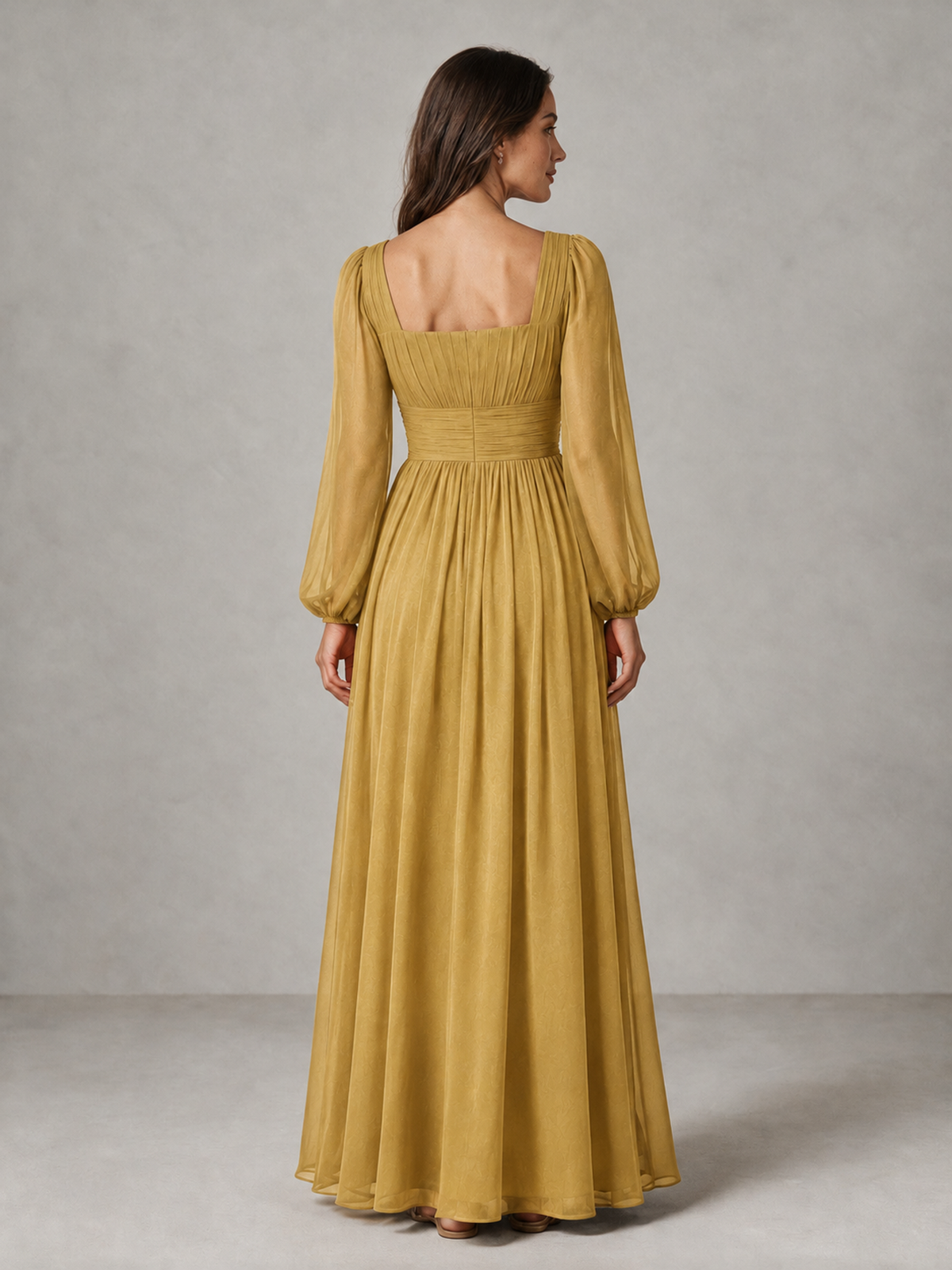 BOLODOO Gold Square Neck Long Sleeve Chiffon Bridesmaid Dress - Gold - Gold_2