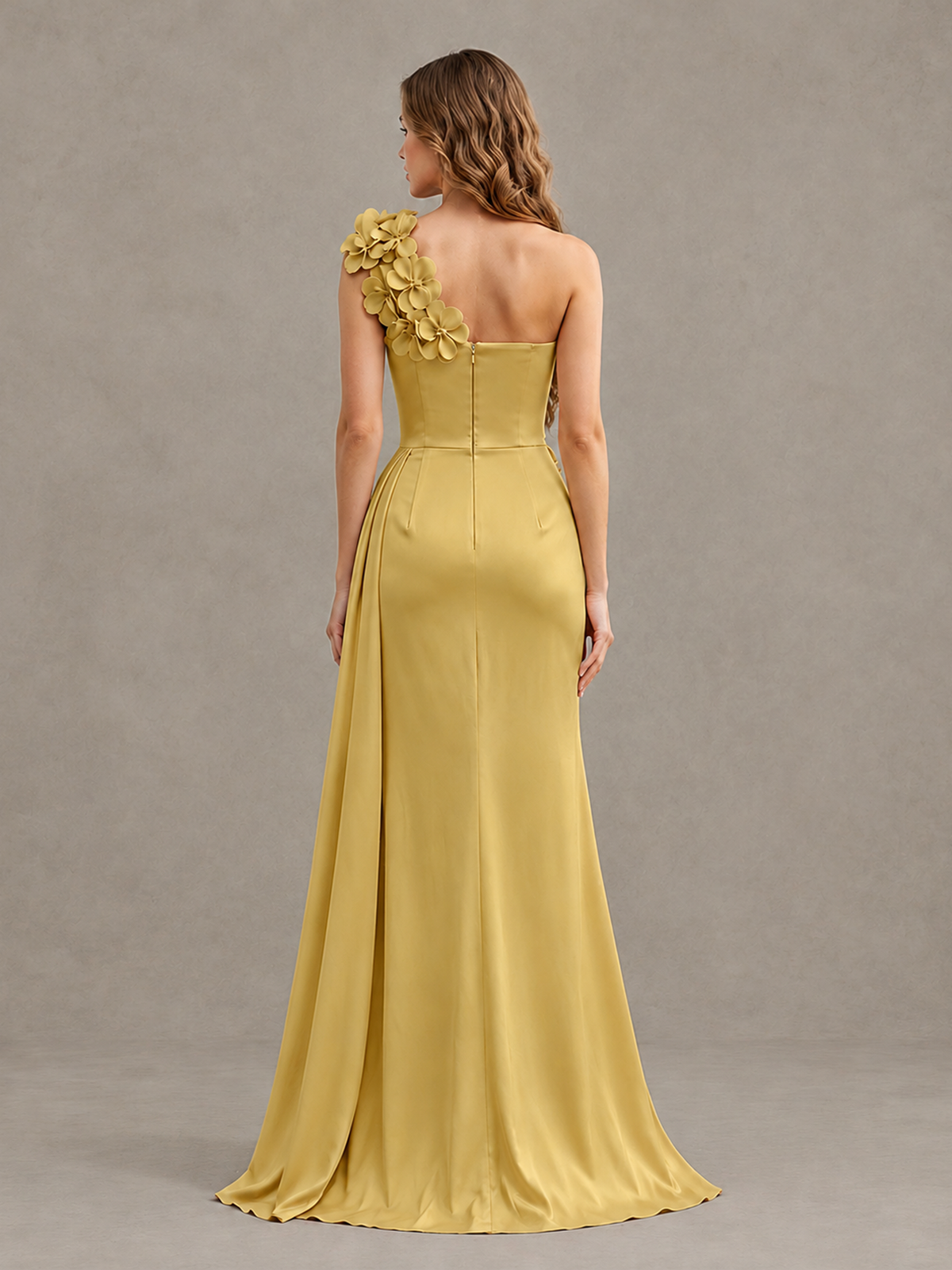 BOLODOO Gold One-Shoulder Satin Mermaid Evening Gown with 3D Floral Appliqué - Gold - Gold_2