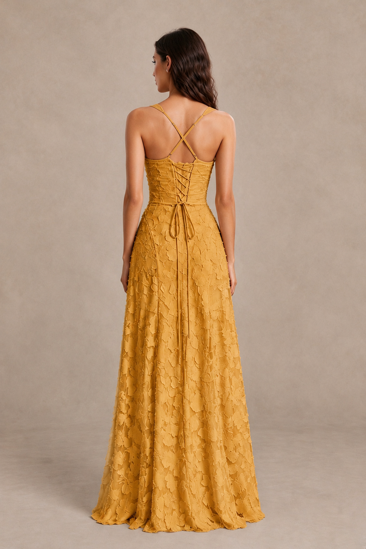 BOLODOO Gold Floral-Textured A-Line Dress with Lace-Up Back - Gold - Gold_2