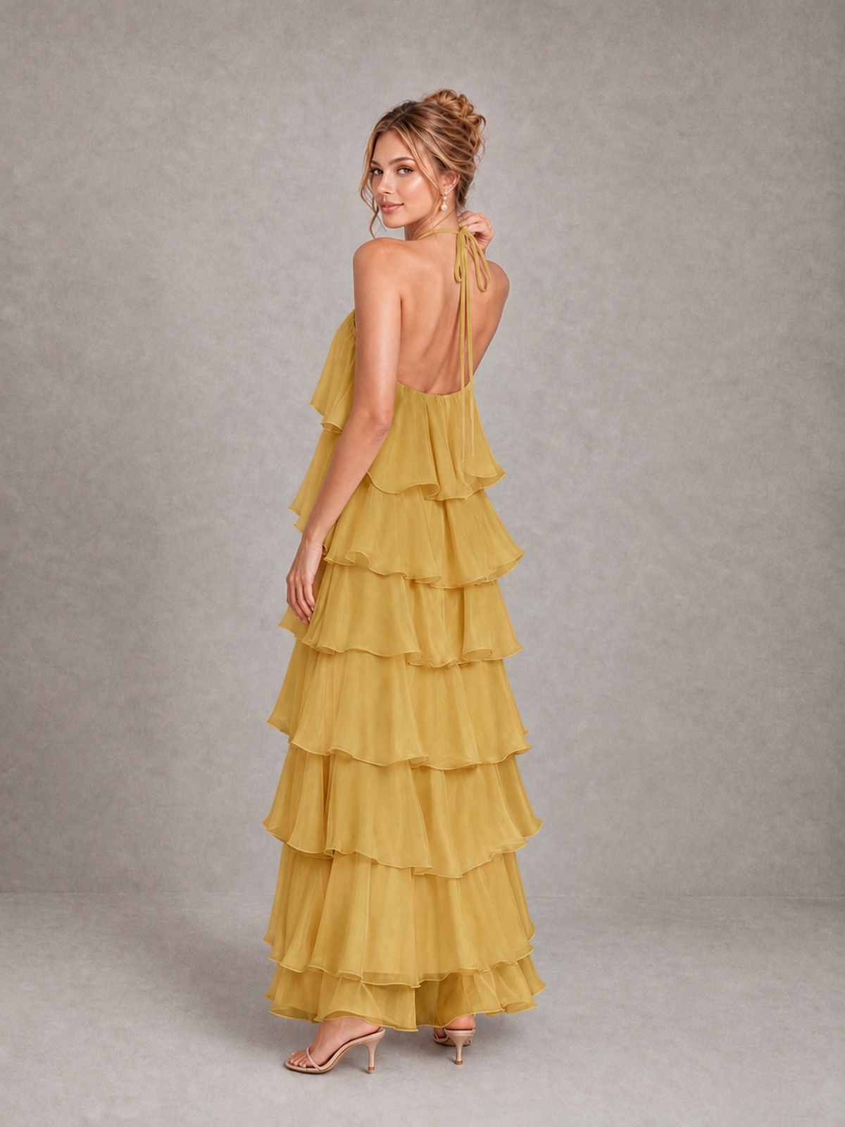 BOLODOO Gold Halter Tiered Ruffle Maxi Bridesmaid Dress - Gold - Gold_2