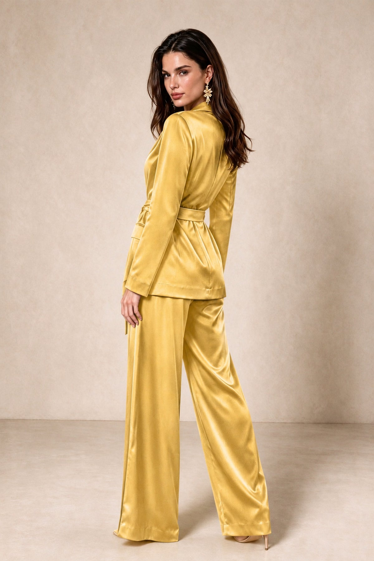 BOLODOO Gold Satin Wrap Blazer Wide-Leg Pants Two-Piece Suit Set – Evening Gala Wedding Guest - Gold - Gold_2