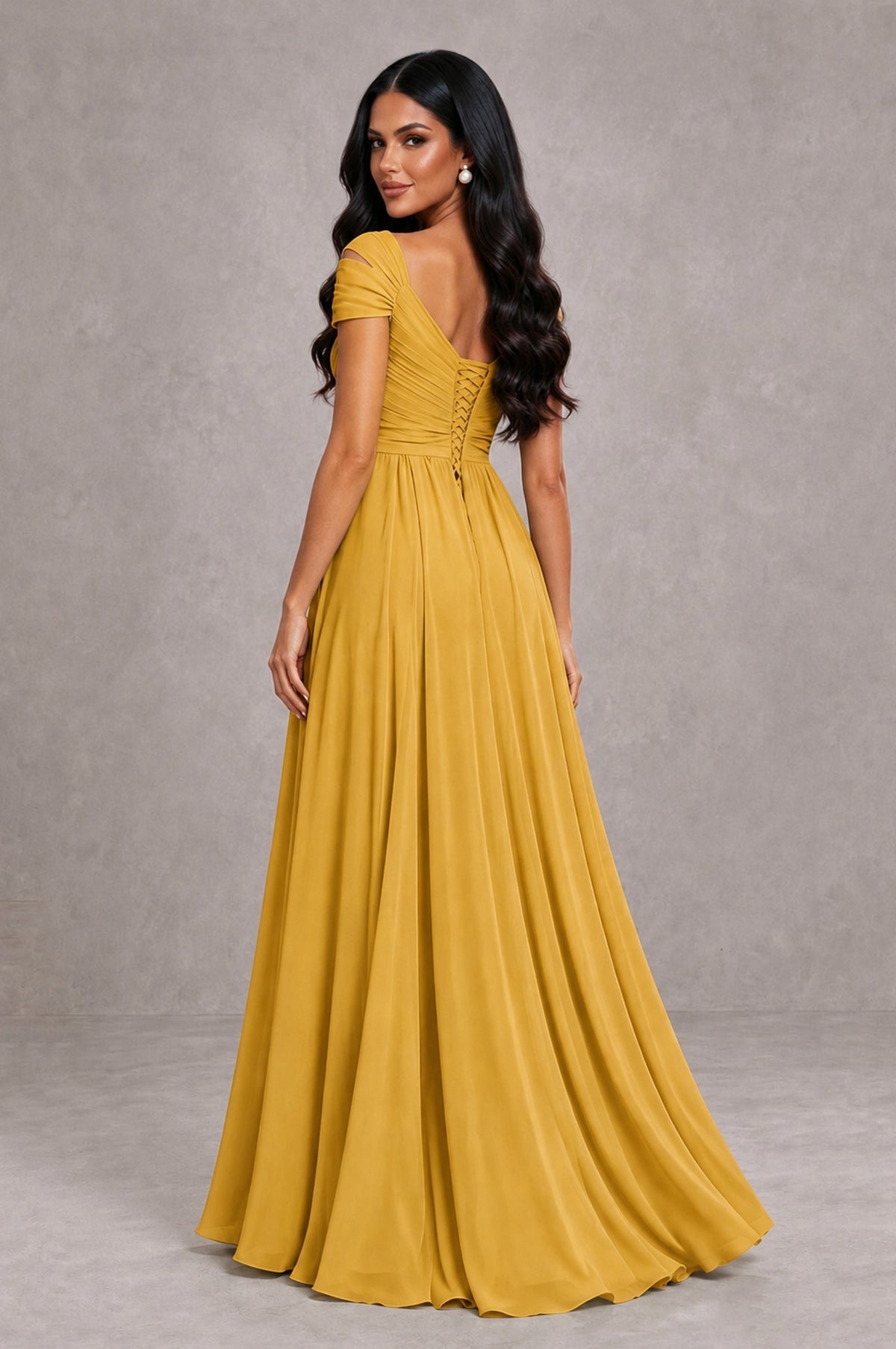BOLODOO Gold Cold Shoulder Chiffon Evening Dress with V Neck and High Slit - Gold - Gold_2