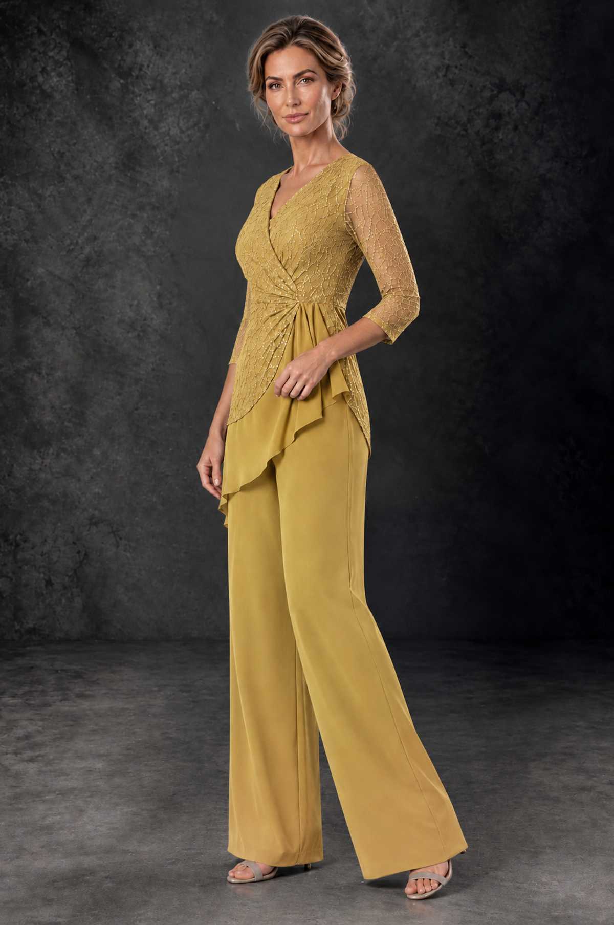 BOLODOO Gold Sequin Lace 3/4 Sleeve Chiffon Mother of the Bride Pant Suit - Gold - Gold_2