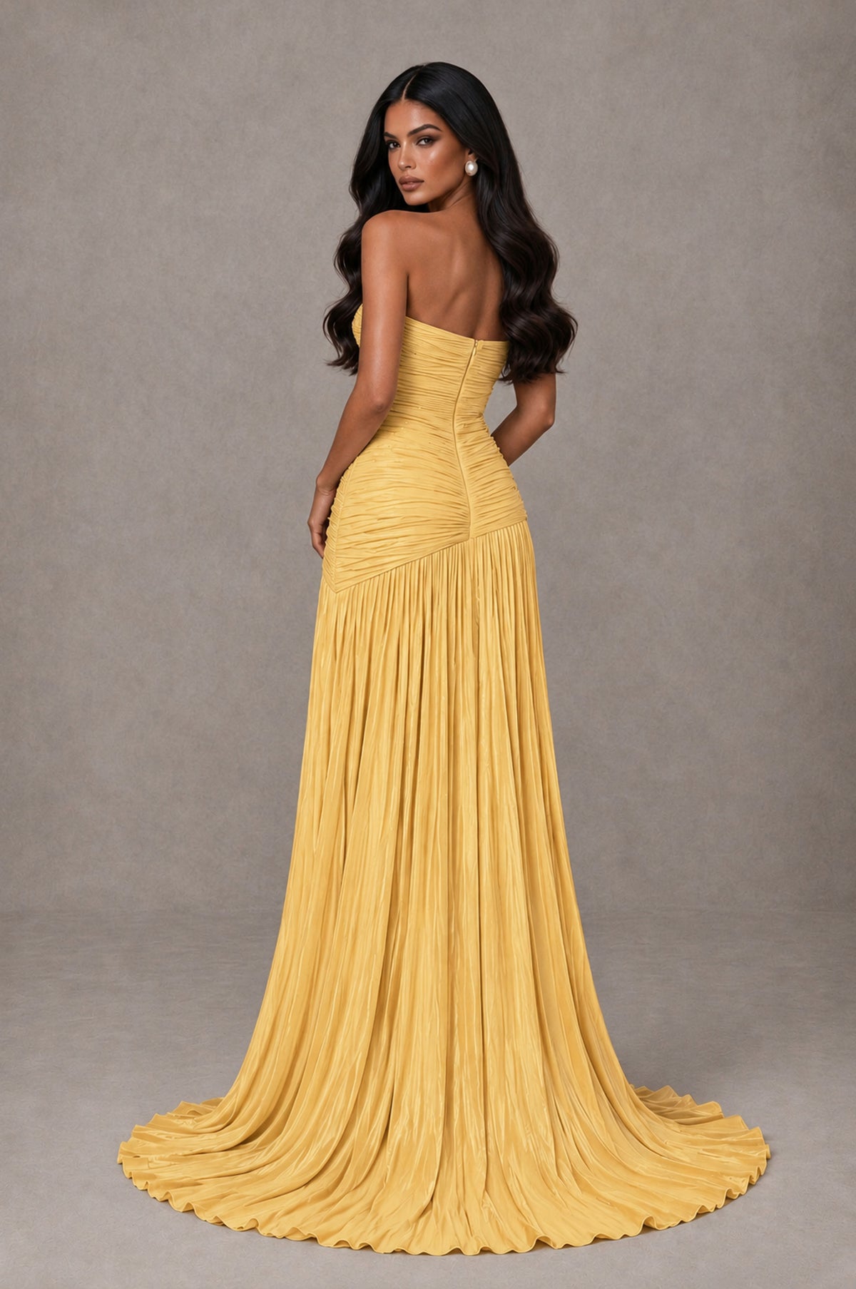 BOLODOO Gold Metallic Ruched Strapless Pleated A-Line Backless Maxi Dress with Train - Gold - Gold_2