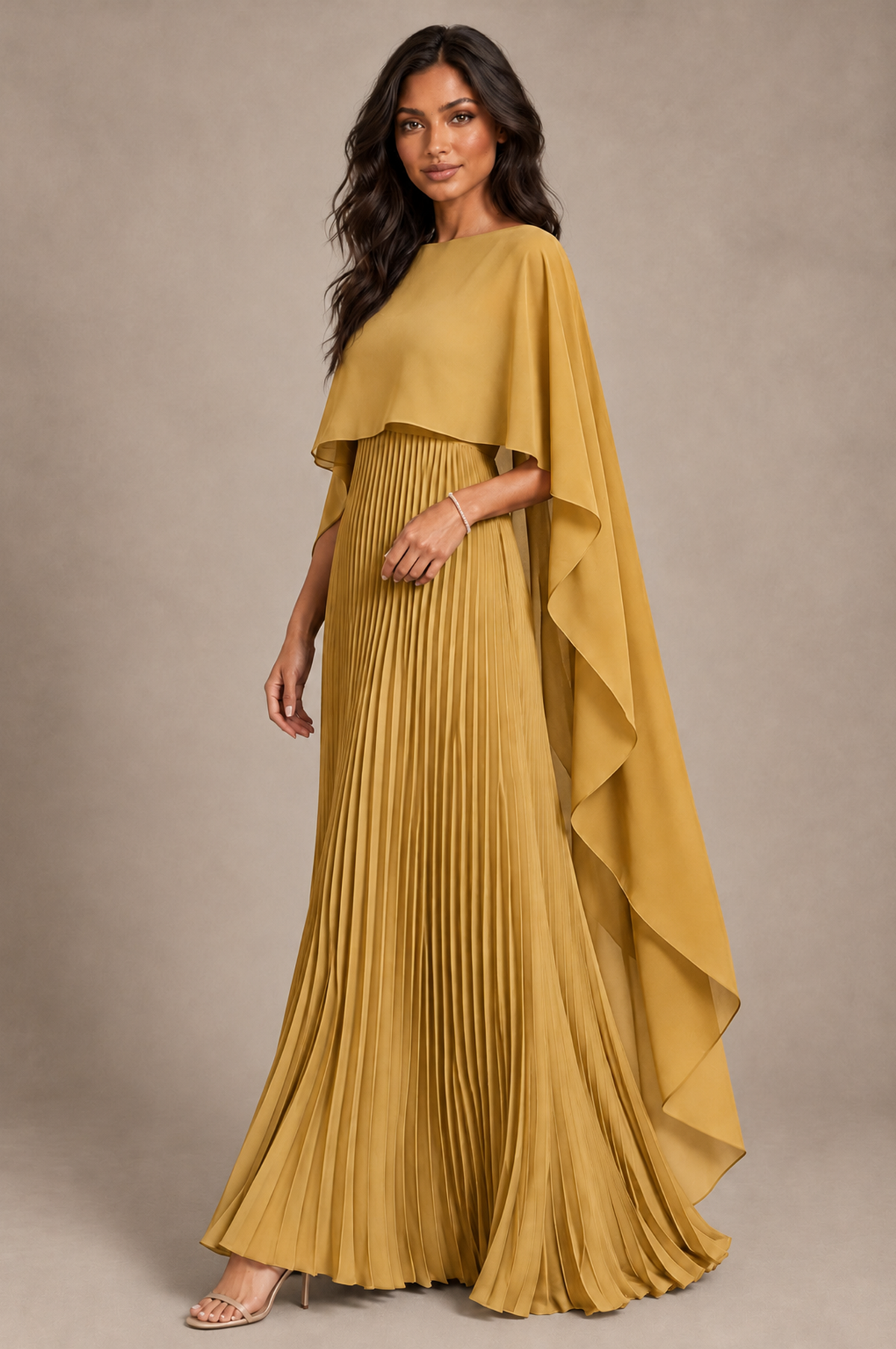 BOLODOO Gold Pleated Cape A-Line Evening Dress - Gold - Gold_2