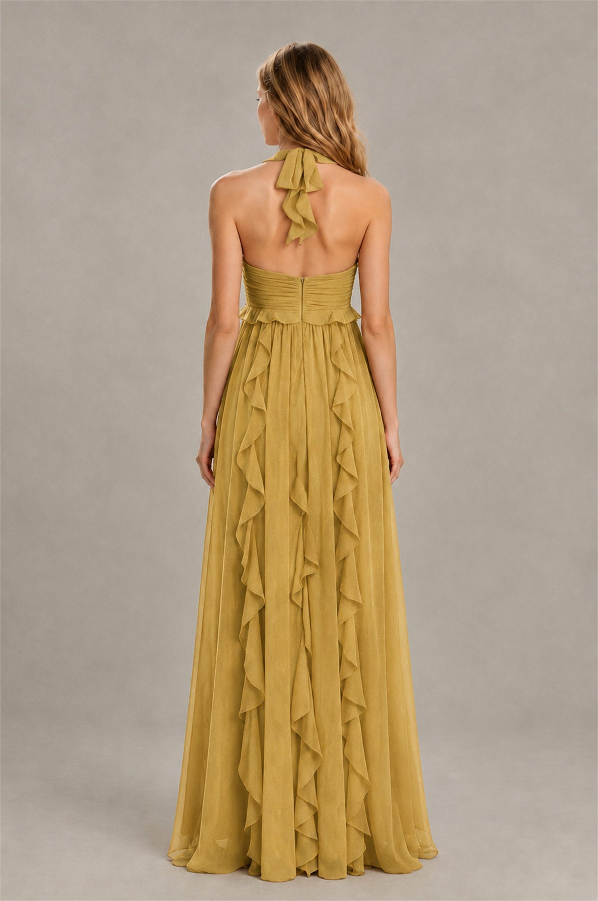 BOLODOO Gold Halter Ruffle A-Line Floor-Length Evening Dress - Gold - Gold_2