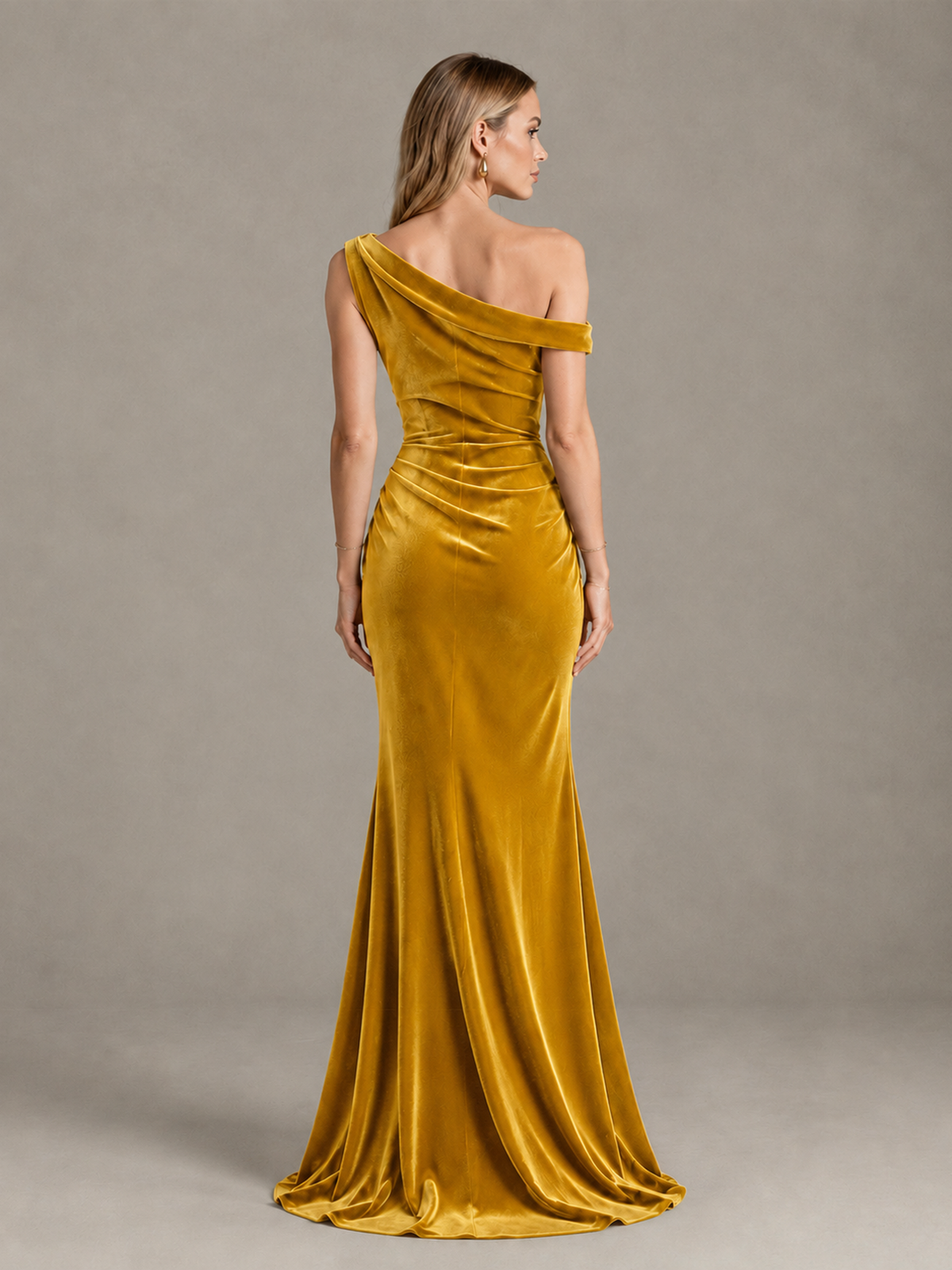 BOLODOO Gold One-Shoulder Velvet Mermaid Evening Gown - Gold - Gold_2