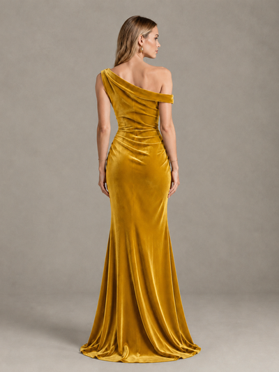 BOLODOO Gold One-Shoulder Velvet Mermaid Evening Gown - Gold - Gold_2