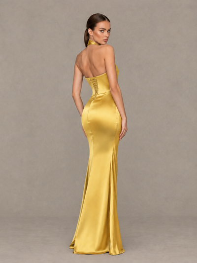 BOLODOO Gold Cross-Halter Ruched Satin-Look Evening Gown with High Slit - Gold - Gold_2
