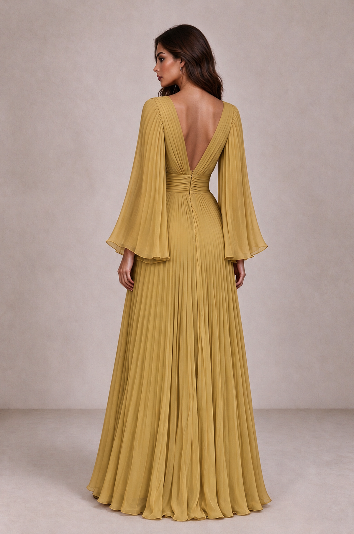 BOLODOO Gold Pleated Deep V-Neck Long Bell Sleeve Evening Dress - Gold - Gold_2