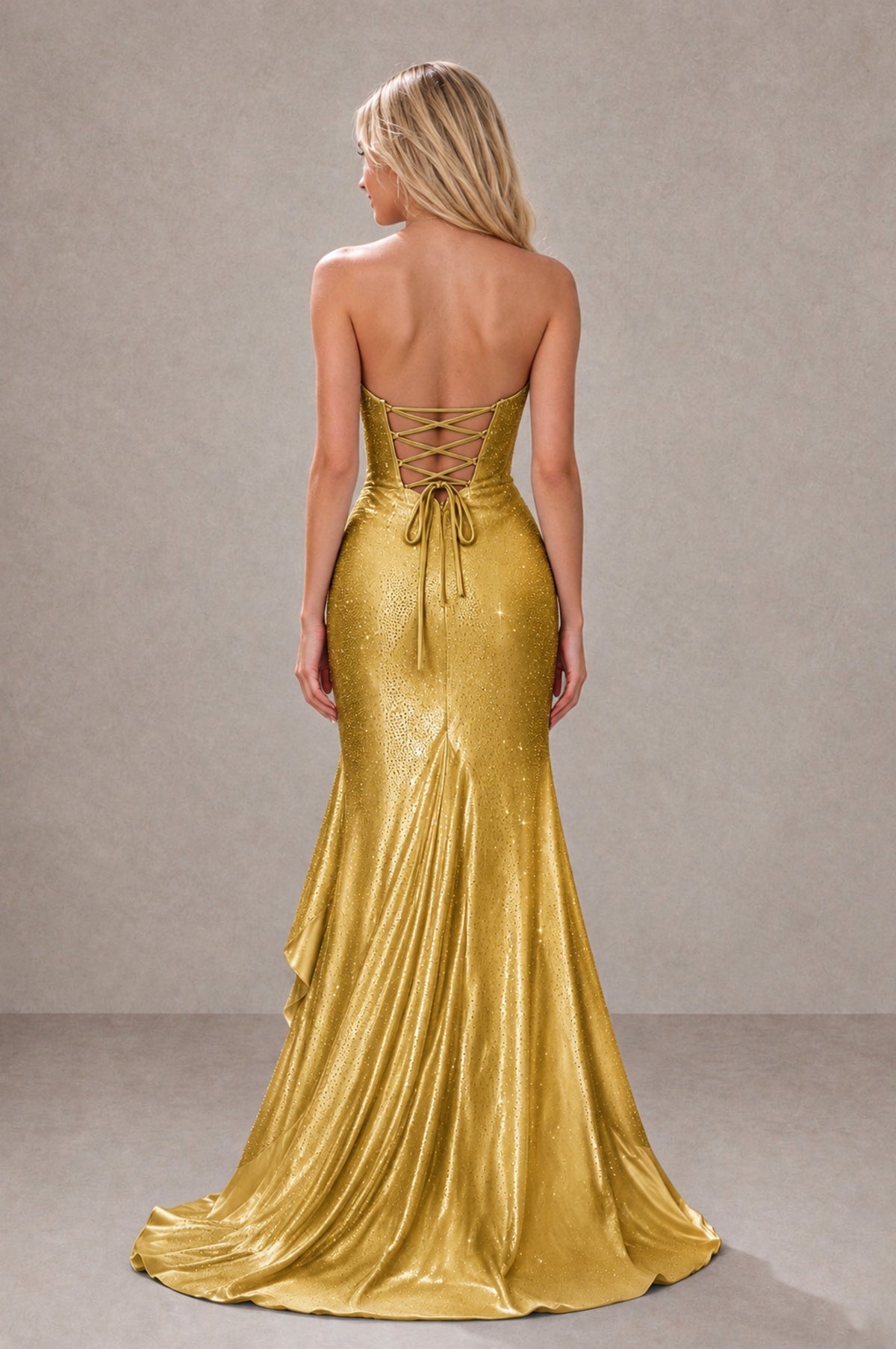 BOLODOO Gold Strapless Corset Mermaid Prom Dress with Ruffle Slit - Gold - Gold_2