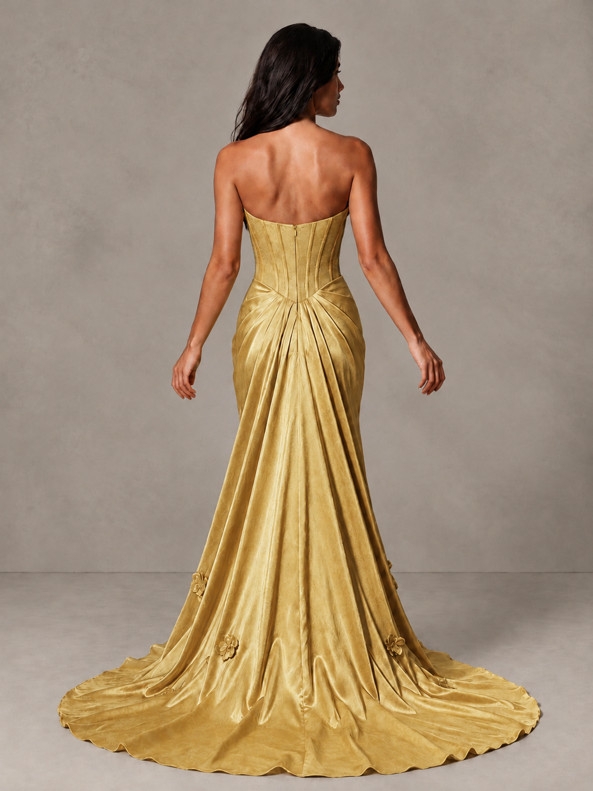 BOLODOO Gold Strapless Floral Corset Evening Gown with Train - Gold - Gold_2