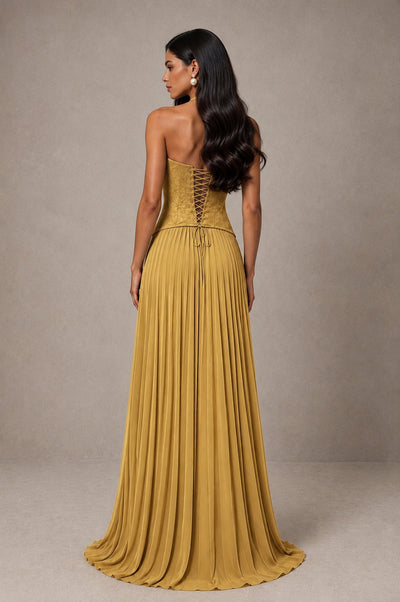 BOLODOO Gold Halter Corset Pleated A-Line Evening Dress - Gold - Gold_2