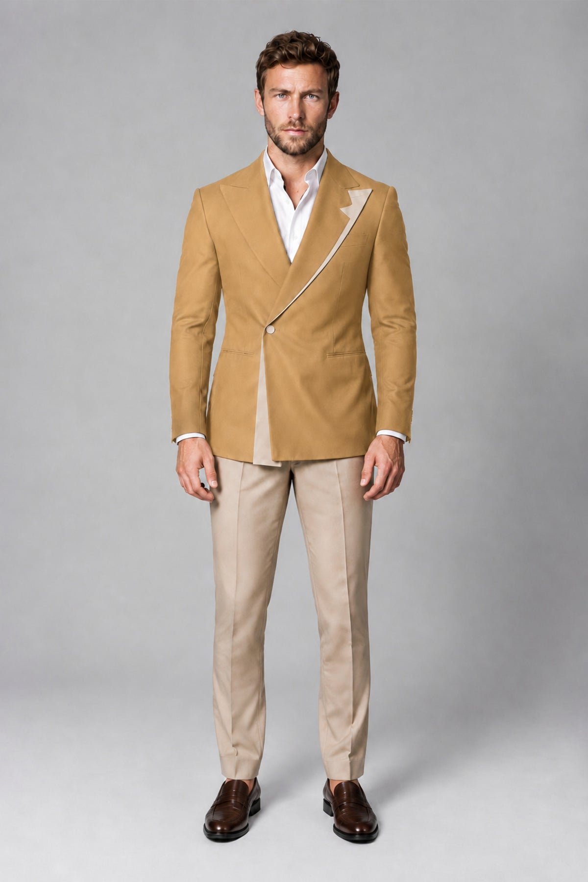 BOLODOO Men's Gold Double-Breasted Blazer & Khaki Trousers Tuxedo 2-Piece Suit Set - Gold - Gold_2