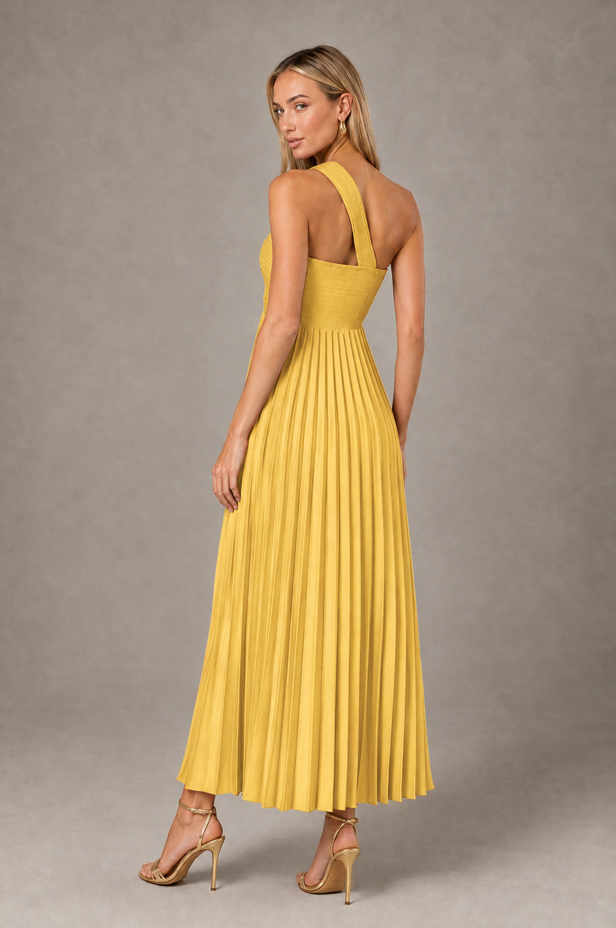 BOLODOO Gold One-Shoulder Twist Knot Pleated Satin Midi Dress with Cutout - Gold - Gold_2