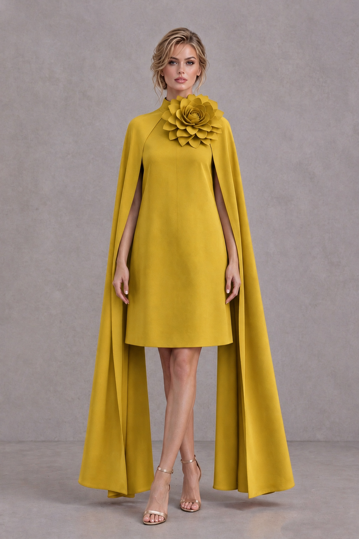 BOLODOO Gold High Neck Floral Cape Mini Cocktail Dress - Gold - Gold_2
