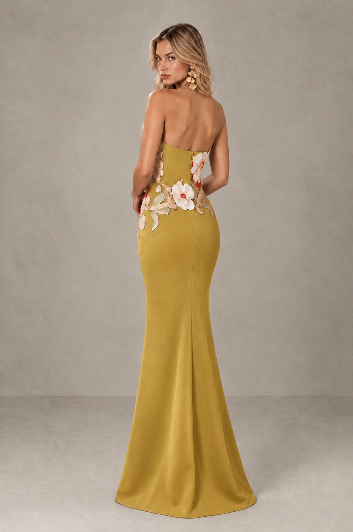 BOLODOO Gold Strapless Floral Mermaid Evening Dress with Slit - Gold - Gold_2
