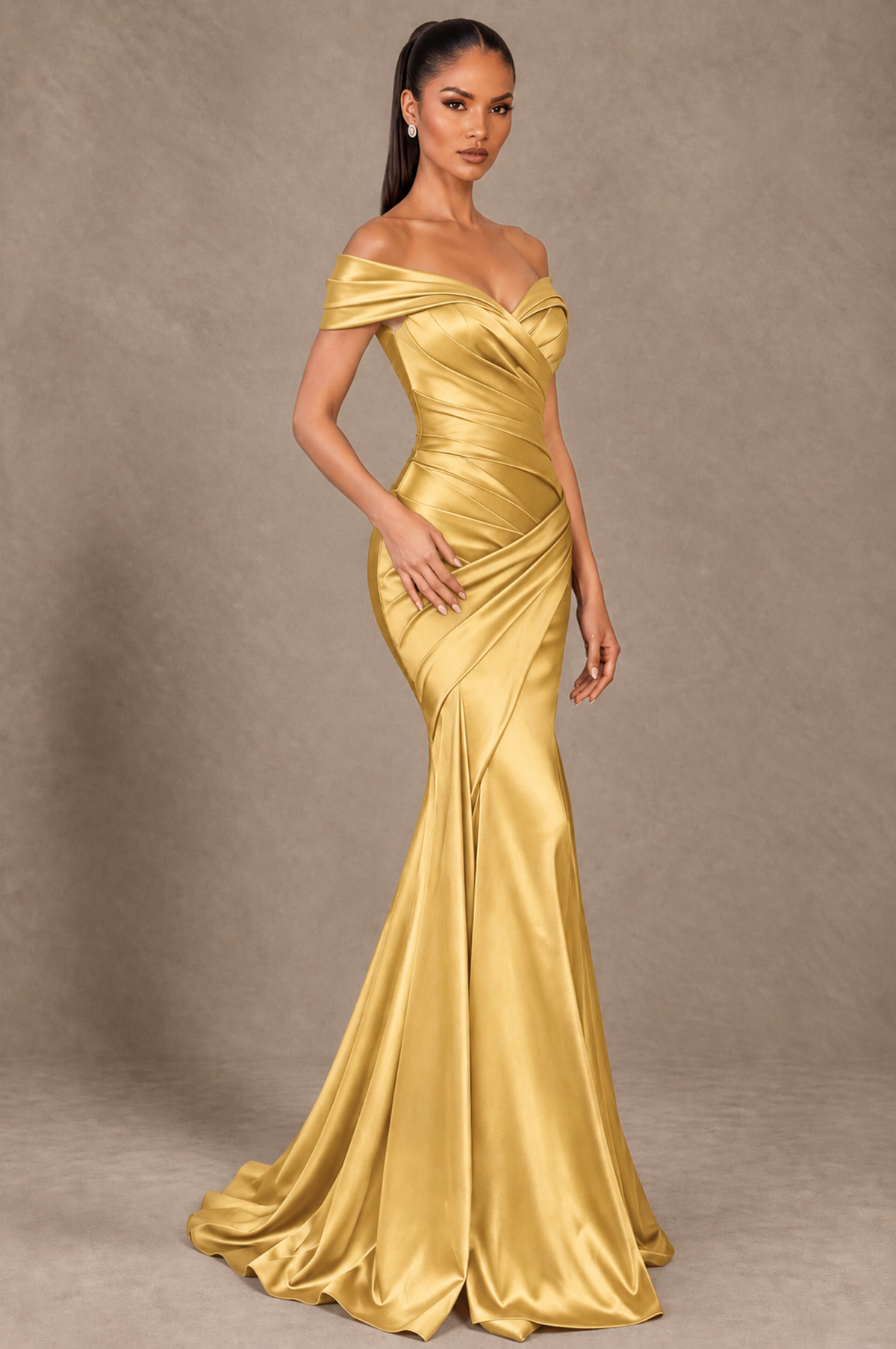 BOLODOO Gold Off-the-Shoulder Ruched Satin Mermaid Evening Dress - Gold - Gold_2