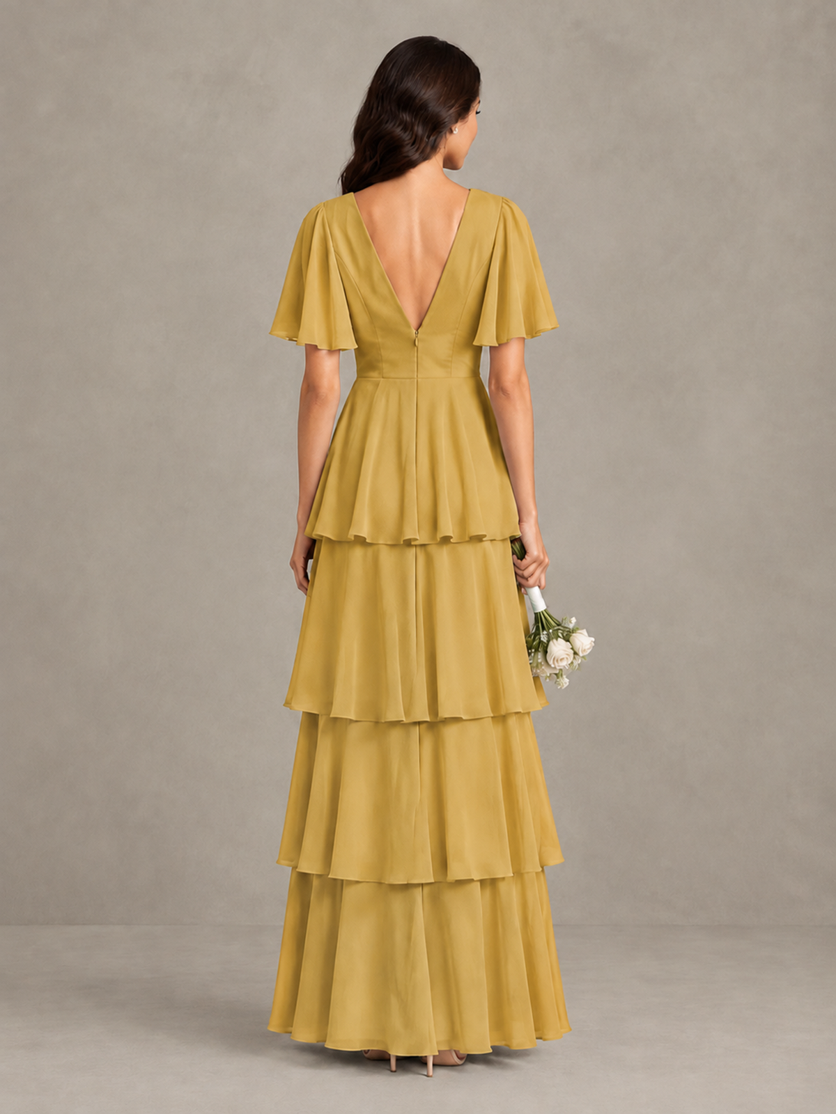 BOLODOO Gold Tiered Flutter Sleeve Bridesmaid Dress - Gold - Gold_2