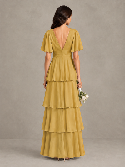 BOLODOO Gold Tiered Flutter Sleeve Bridesmaid Dress - Gold - Gold_2