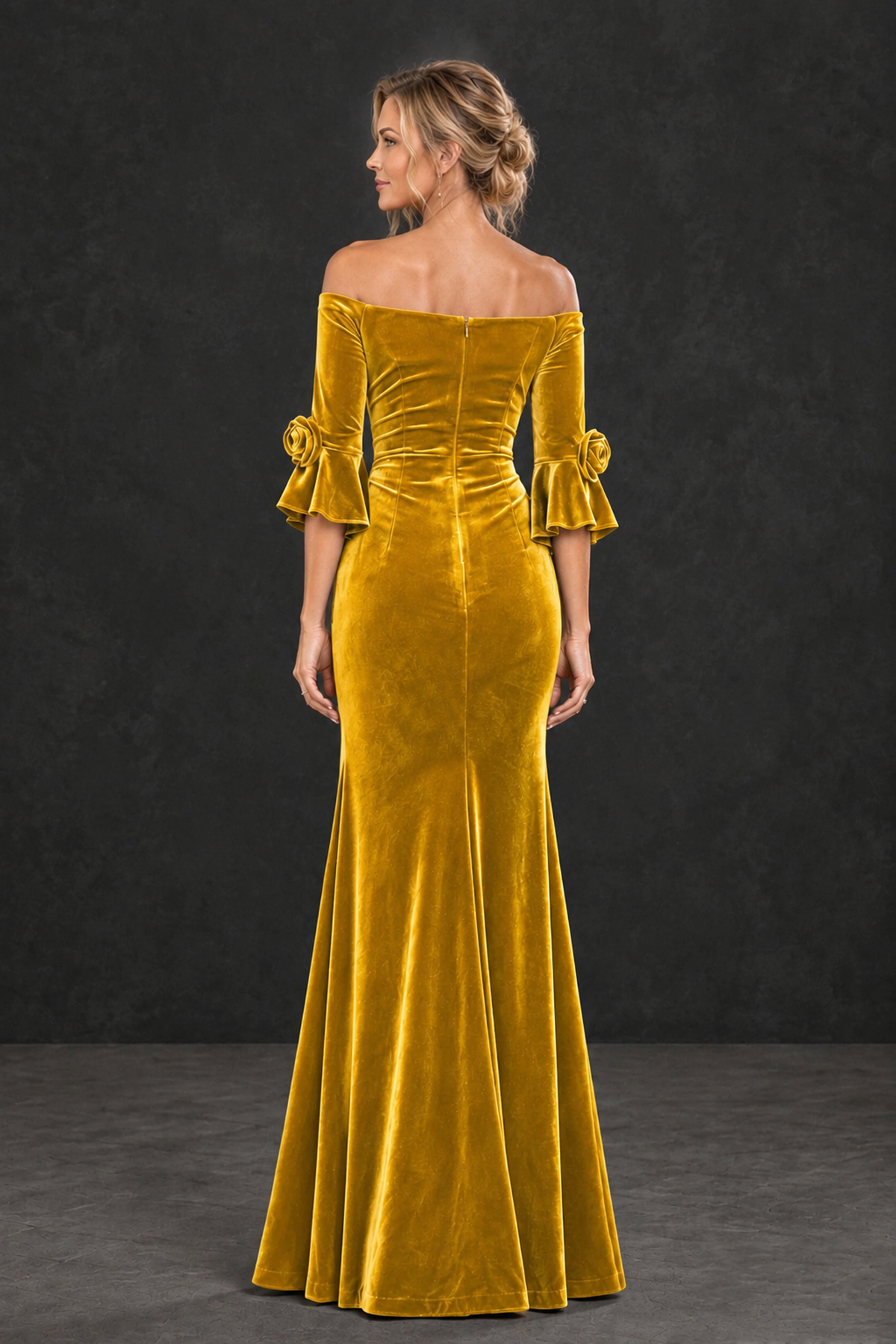 BOLODOO Gold Velvet Off-Shoulder Mother of the Bride Dress – 3/4 Floral Cuff Sleeve Mermaid Evening Gown - Gold - Gold_2