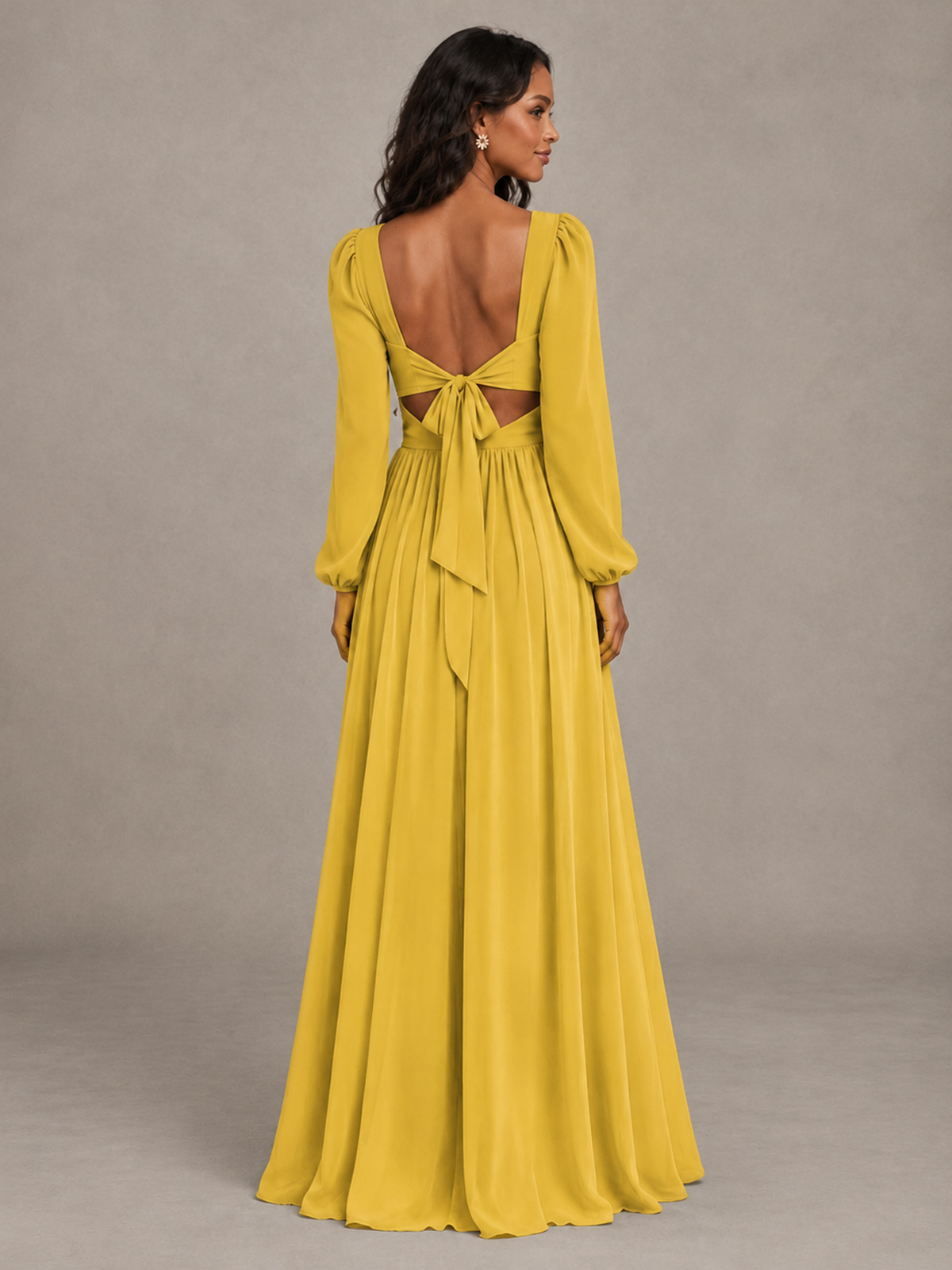 BOLODOO Gold V-Neck Long Sleeve Bridesmaid Dress with Tie Back and Slit - Gold - Gold_2