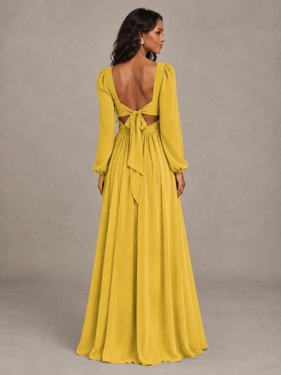 BOLODOO Gold V-Neck Long Sleeve Bridesmaid Dress with Tie Back and Slit - Gold - Gold_2
