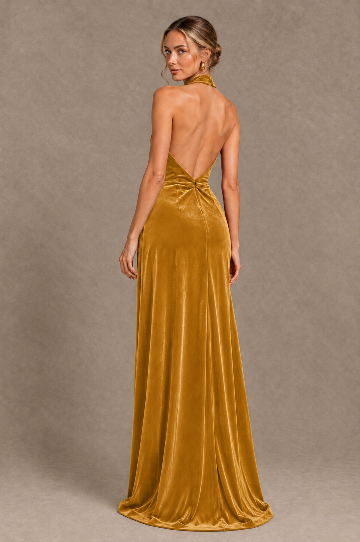 BOLODOO Gold Velvet Halter Open-Back Ruched Evening Dress - Gold - Gold_2