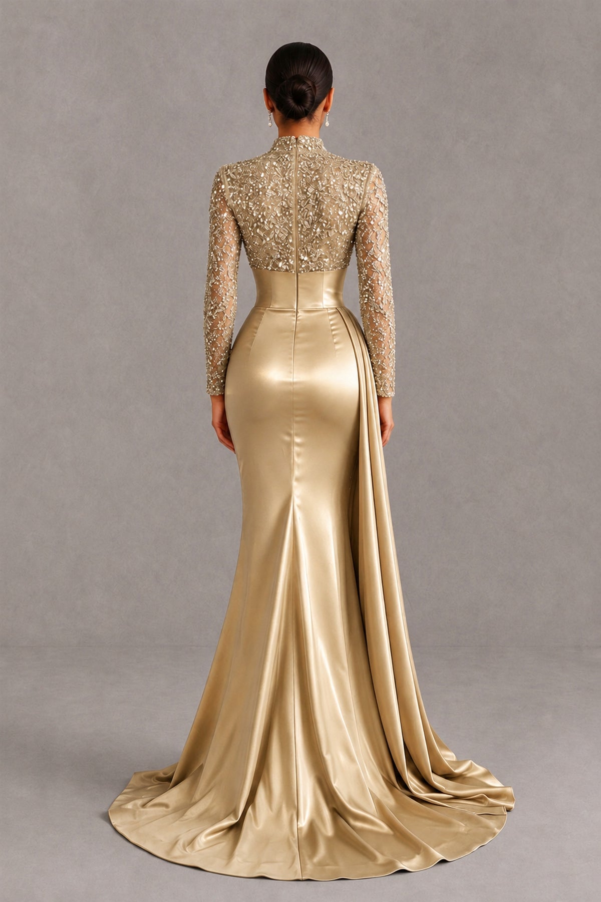 BOLODOO Gold Long Sleeve Embellished Satin Mermaid Evening Gown - Gold - Gold_2