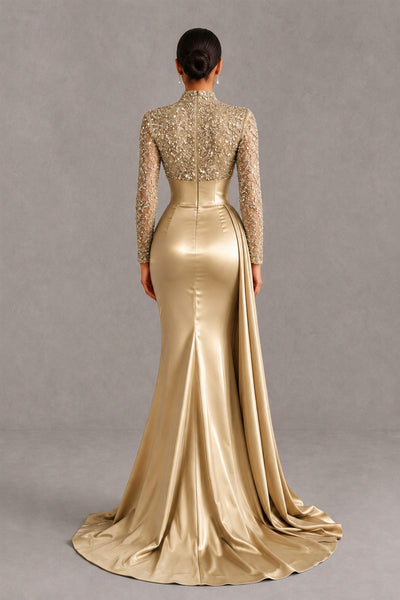 BOLODOO Gold Long Sleeve Embellished Satin Mermaid Evening Gown - Gold - Gold_2