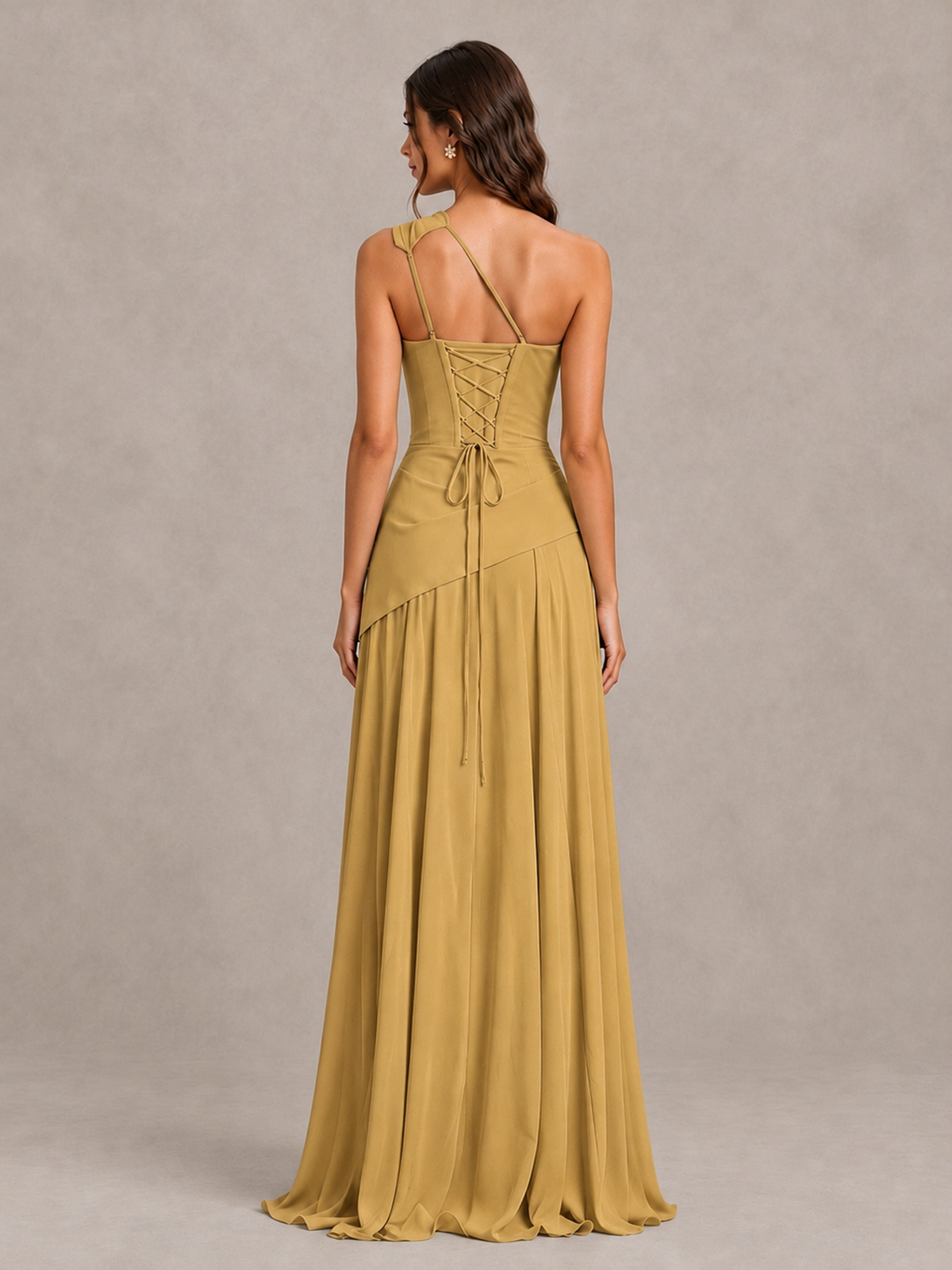 BOLODOO Gold One-Shoulder Lace-Up Back Bridesmaid Dress - Gold - Gold_2