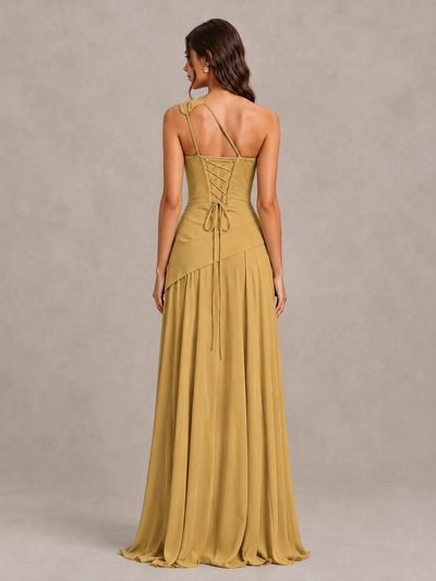 BOLODOO Gold One-Shoulder Lace-Up Back Bridesmaid Dress - Gold - Gold_2