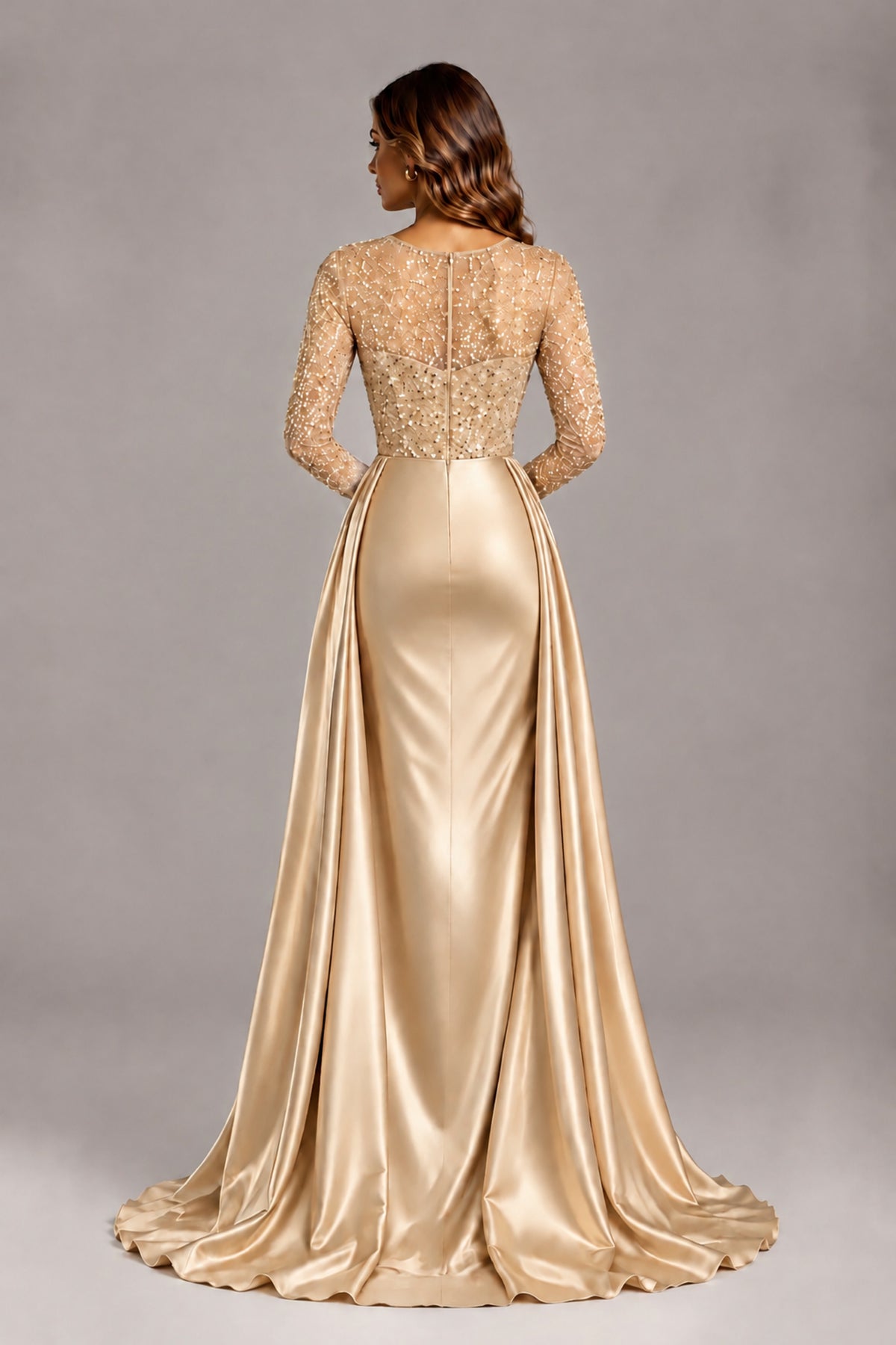BOLODOO Gold Long Sleeve Embellished Satin Evening Gown with Sweep Train - Gold - Gold_2